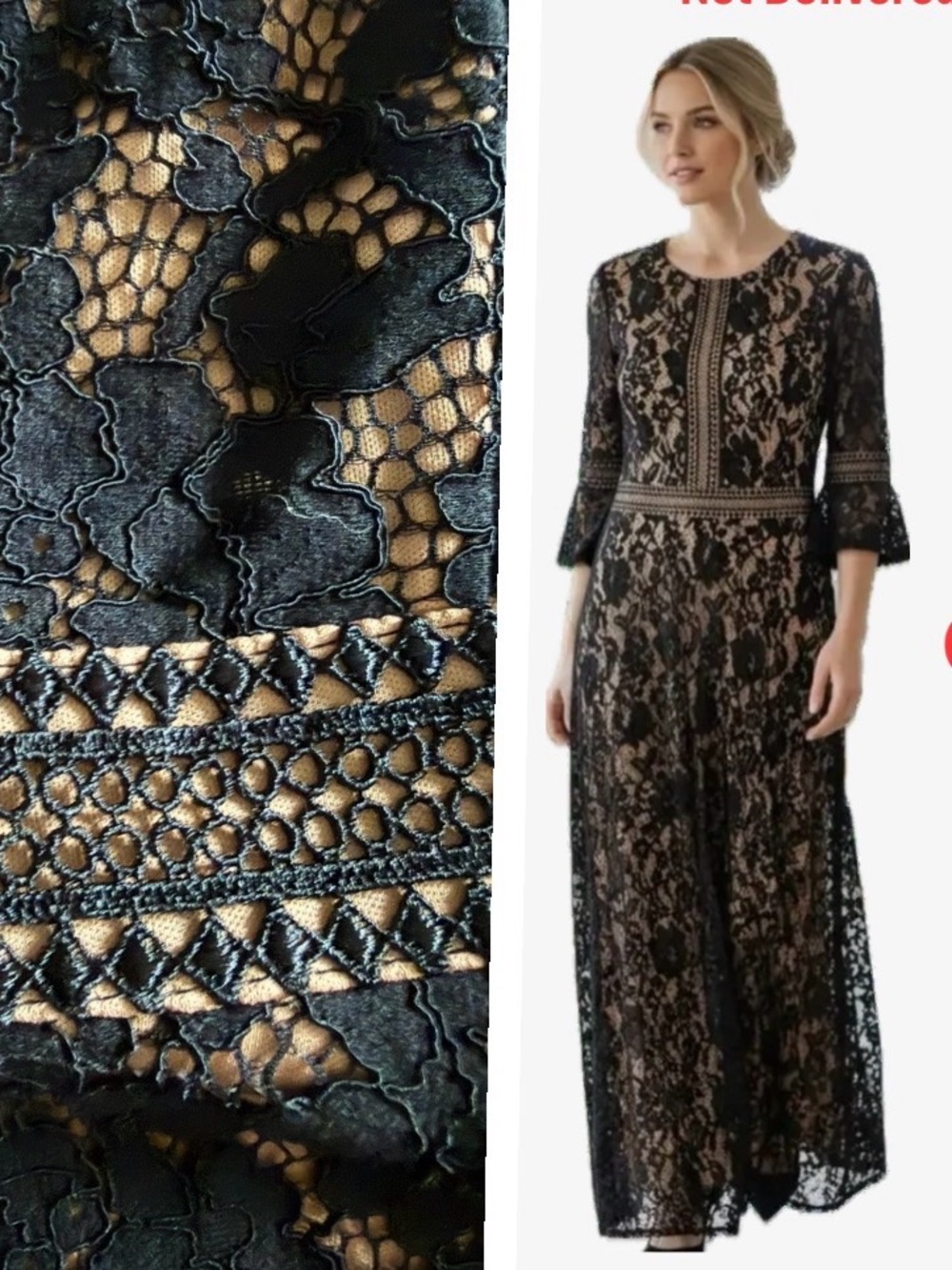 Missmay, Black Floral Lace Maxi Dress Bell Sleeves Nude Lining, Size L